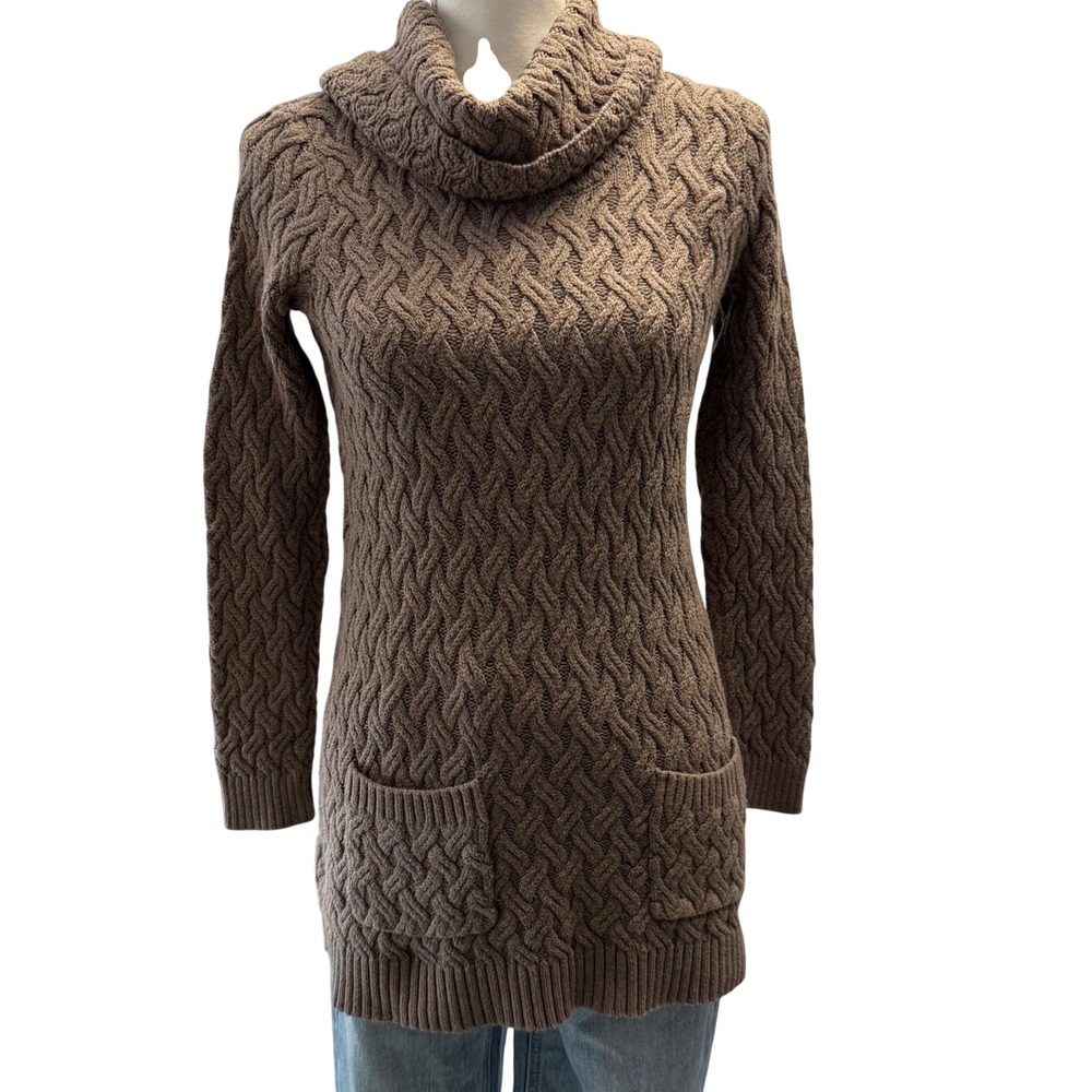 Jeanne Pierre Chinky Knit Long Taupe Cowl Neck Sweater Pockets Womens small